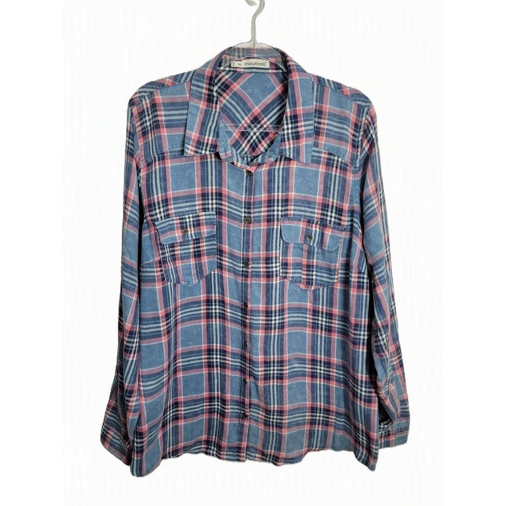 Maurices Womens 2X Button Front Shirt Blue Pink Plaid Long Sleeve Pockets